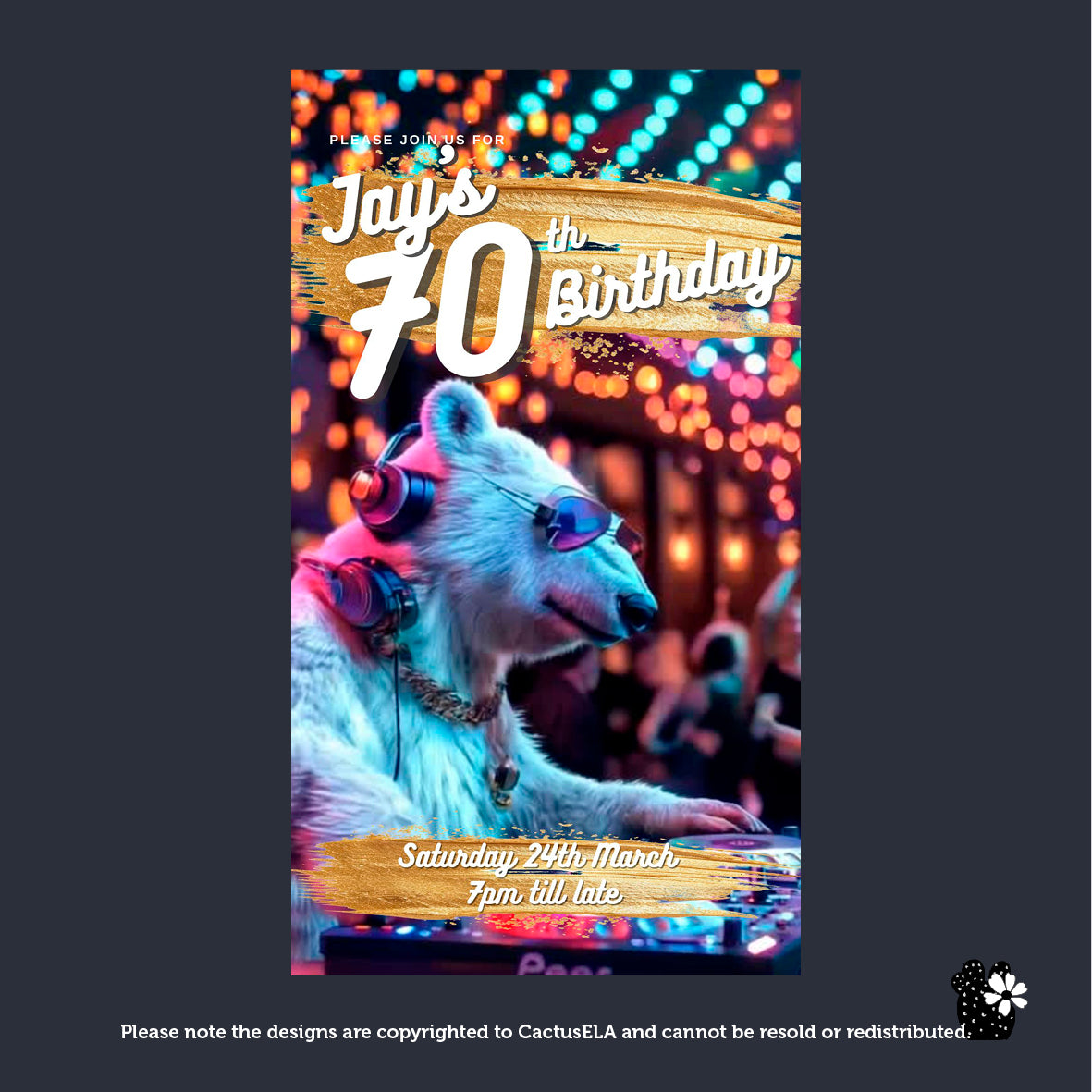 70th Birthday Invitation - Digital, Animated DJ Polar Bear, Editable Itinerary eCard