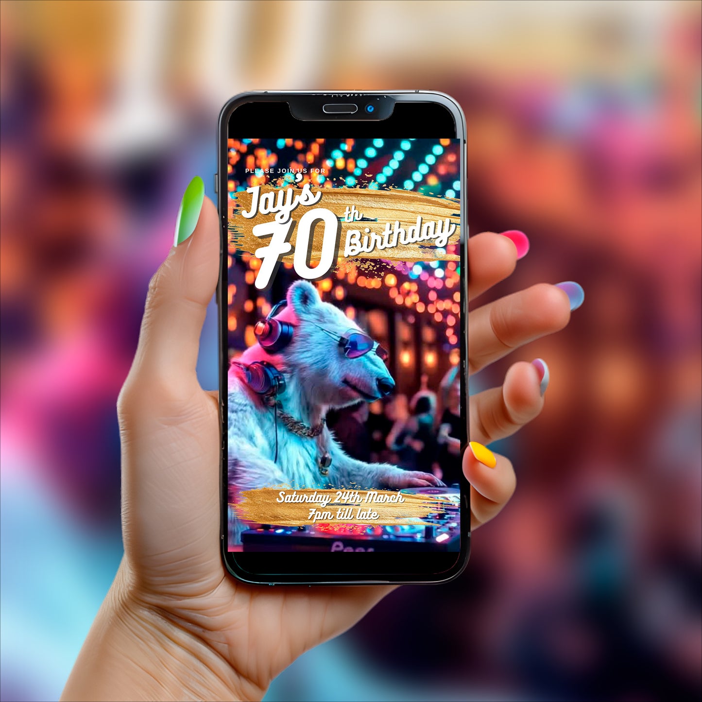 70th Birthday Invitation - Digital, Animated DJ Polar Bear, Editable Itinerary eCard