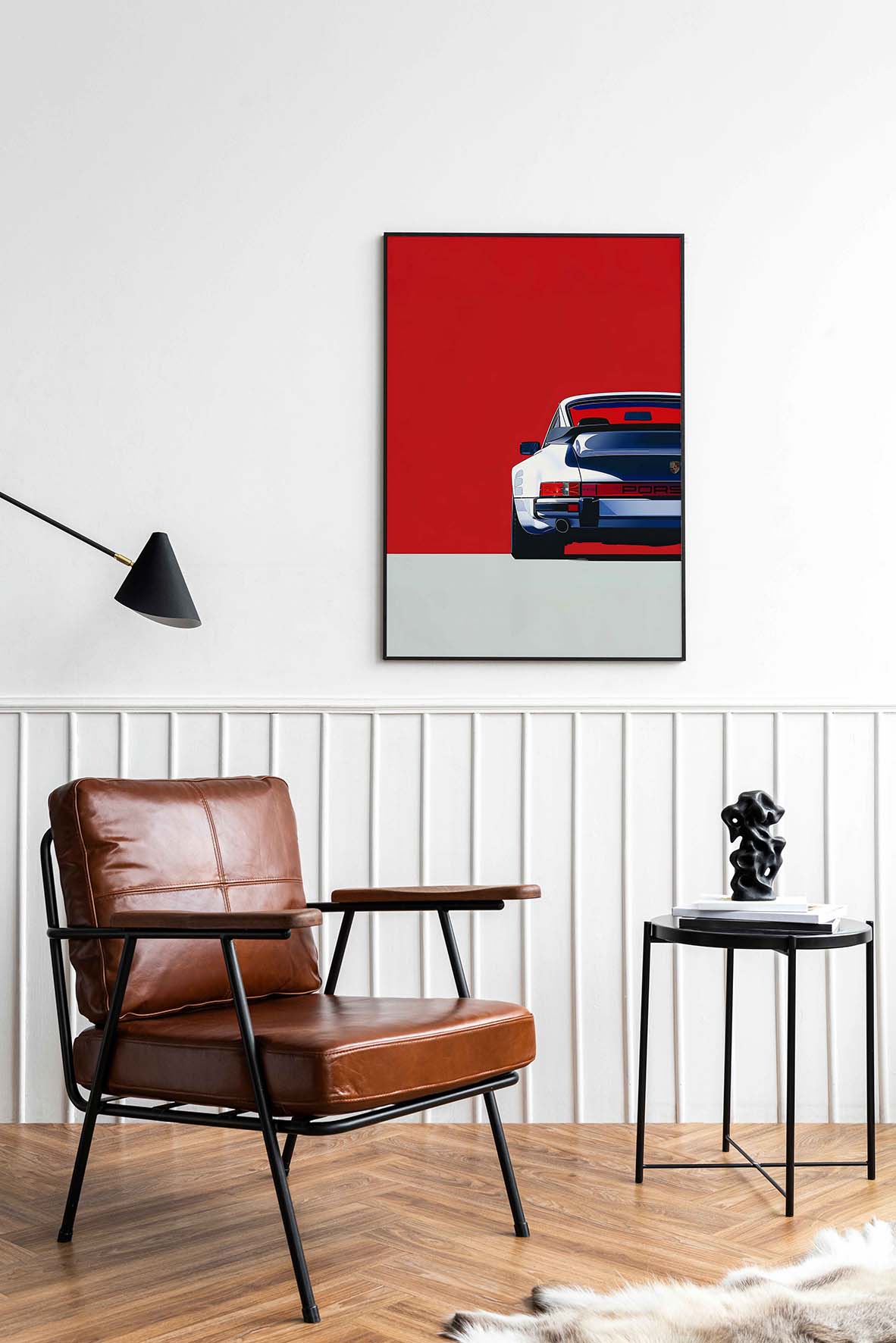 Bold Pop Art-inspired digital artwork featuring the rear view of a white vintage Porsche against a striking red background. The clean lines and vibrant colors highlight the car’s sleek design, perfect for modern and automotive decor.