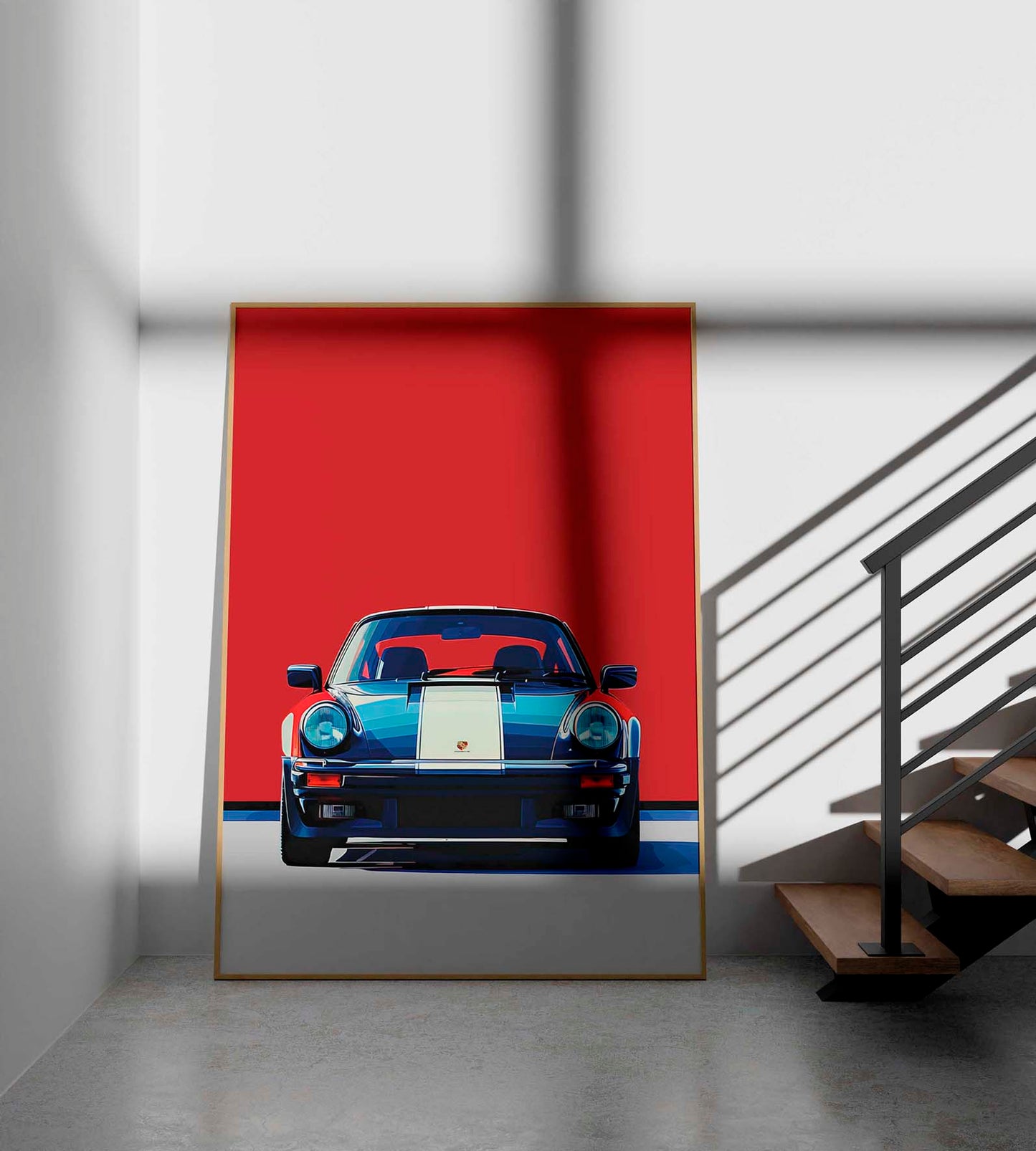 Front view of a white and navy vintage Porsche captured in a Pop Art style with a bold red background. The minimalist composition emphasizes the car's classic elegance and iconic design.