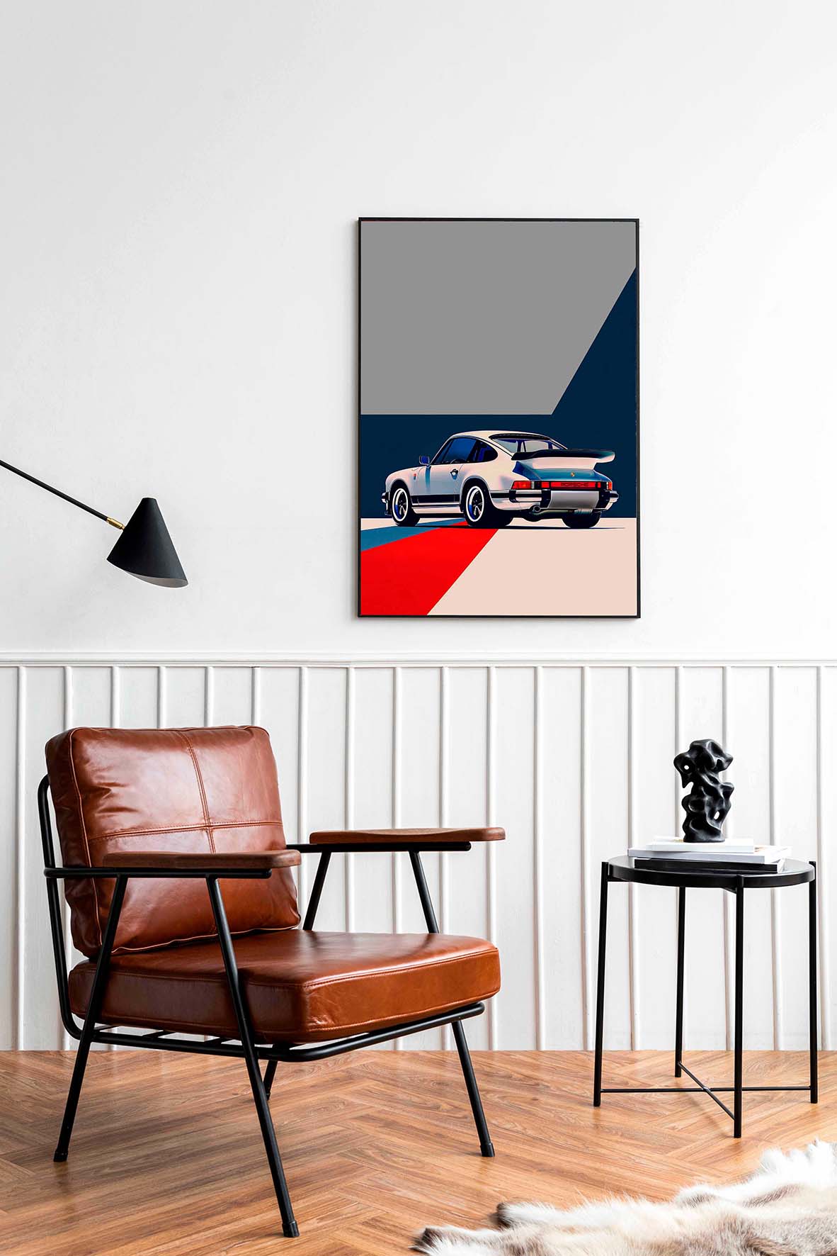 Dynamic side-angle view of a vintage white Porsche with a spoiler, set against a geometric backdrop of gray, navy, and red. The Pop Art-inspired design uses bold lines and vibrant colors to create a contemporary automotive aesthetic.