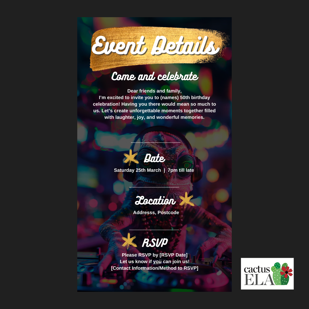 Digital 50th Birthday Party Video Invitation, Animated DJ Chameleon at a Party, Editable Itinerary eCard