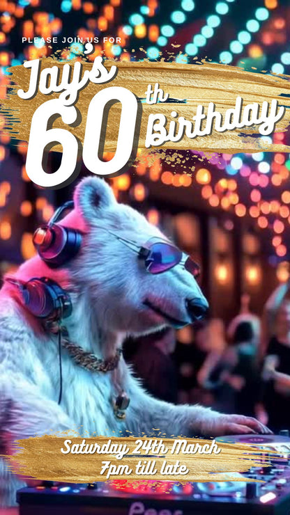 60th Birthday Invitation - Digital, Animated DJ Polar Bear, Editable Itinerary eCard