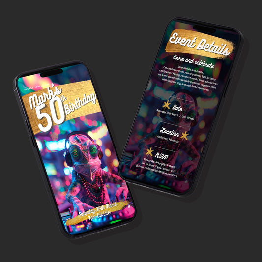 Digital 50th Birthday Party Video Invitation, Animated DJ Chameleon at a Party, Editable Itinerary eCard