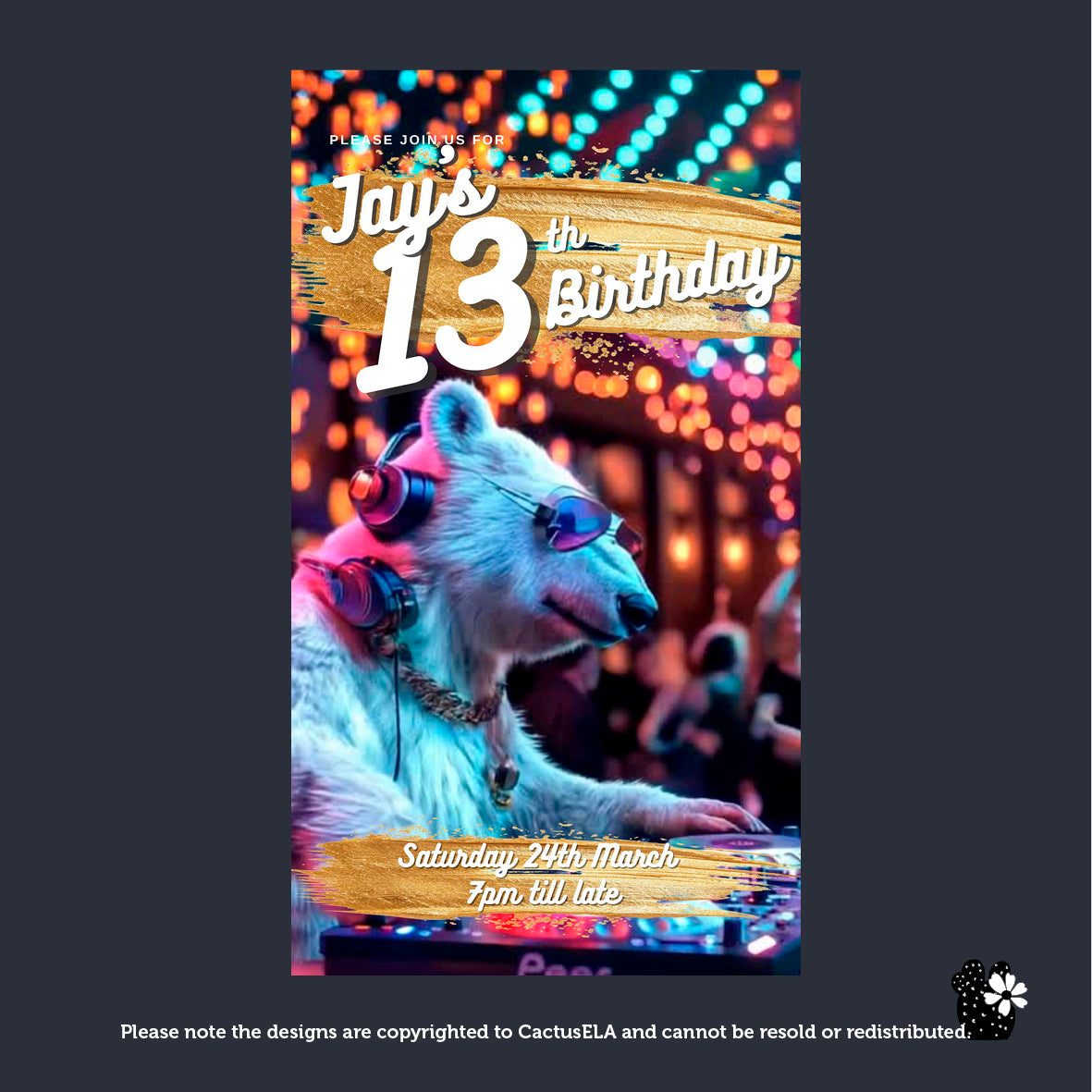 13th Birthday Invitation - Digital, Animated DJ Polar Bear, Editable Itinerary eCard