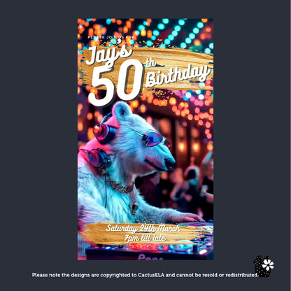 50th Birthday Invitation - Digital, Animated DJ Polar Bear, Editable Itinerary eCard