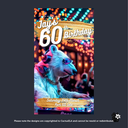 60th Birthday Invitation - Digital, Animated DJ Polar Bear, Editable Itinerary eCard