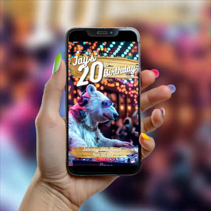 20th Birthday Invitation - Digital, Animated DJ Polar Bear, Editable Itinerary eCard