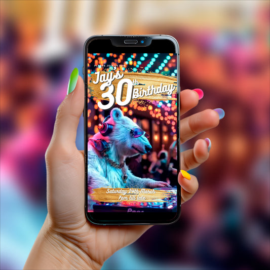 30th Birthday Invitation - Digital, Animated DJ Polar Bear, Editable Itinerary eCard