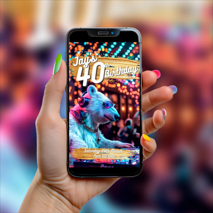 40th Birthday Invitation - Digital, Animated DJ Polar Bear, Editable Itinerary eCard
