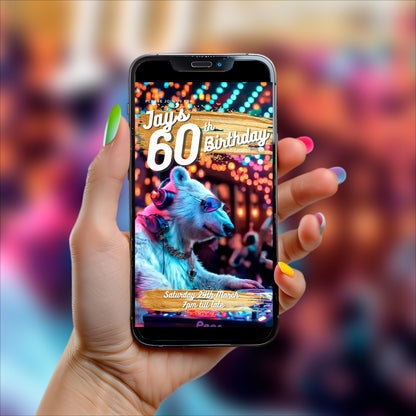 60th Birthday Invitation - Digital, Animated DJ Polar Bear, Editable Itinerary eCard