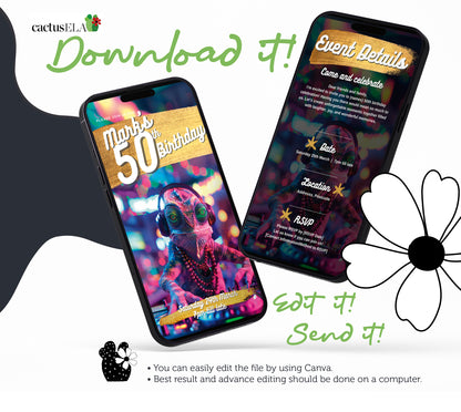 Digital 50th Birthday Party Video Invitation, Animated DJ Chameleon at a Party, Editable Itinerary eCard