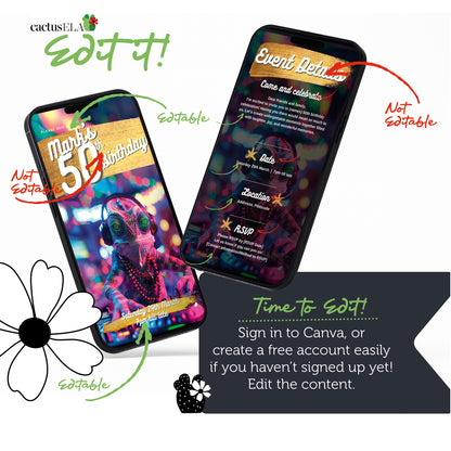 Digital 50th Birthday Party Video Invitation, Animated DJ Chameleon at a Party, Editable Itinerary eCard