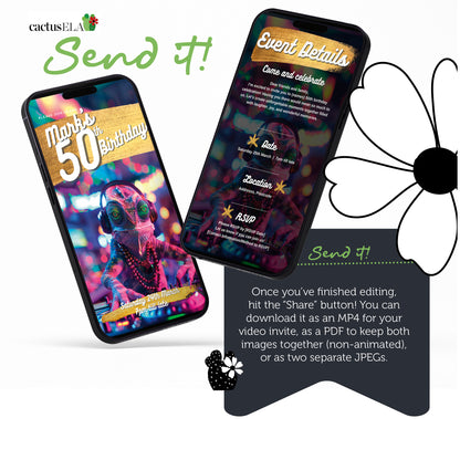Digital 50th Birthday Party Video Invitation, Animated DJ Chameleon at a Party, Editable Itinerary eCard