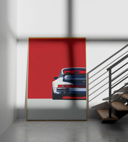 Bold Pop Art-inspired digital artwork featuring the rear view of a white vintage Porsche against a striking red background. The clean lines and vibrant colors highlight the car’s sleek design, perfect for modern and automotive decor.