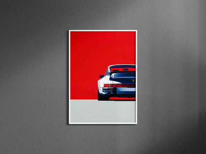 Bold Pop Art-inspired digital artwork featuring the rear view of a white vintage Porsche against a striking red background. The clean lines and vibrant colors highlight the car’s sleek design, perfect for modern and automotive decor.