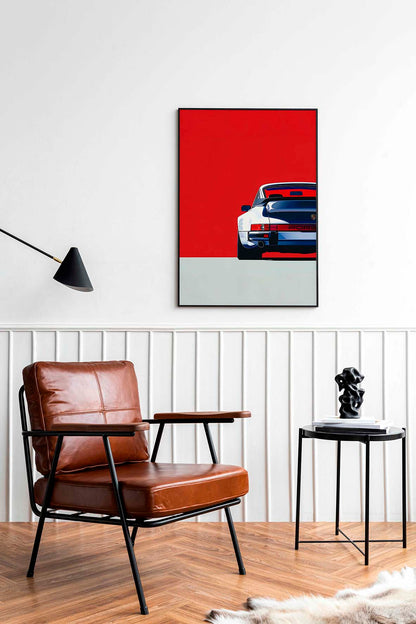 Bold Pop Art-inspired digital artwork featuring the rear view of a white vintage Porsche against a striking red background. The clean lines and vibrant colors highlight the car’s sleek design, perfect for modern and automotive decor.