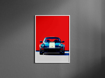 Front view of a white and navy vintage Porsche captured in a Pop Art style with a bold red background. The minimalist composition emphasizes the car's classic elegance and iconic design.