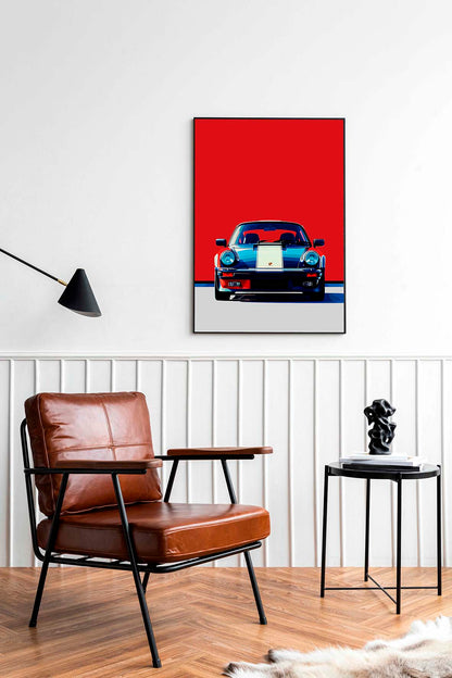 Front view of a white and navy vintage Porsche captured in a Pop Art style with a bold red background. The minimalist composition emphasizes the car's classic elegance and iconic design.