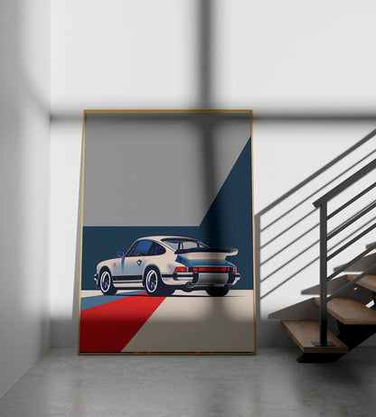 Dynamic side-angle view of a vintage white Porsche with a spoiler, set against a geometric backdrop of gray, navy, and red. The Pop Art-inspired design uses bold lines and vibrant colors to create a contemporary automotive aesthetic.