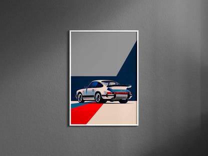 Dynamic side-angle view of a vintage white Porsche with a spoiler, set against a geometric backdrop of gray, navy, and red. The Pop Art-inspired design uses bold lines and vibrant colors to create a contemporary automotive aesthetic.