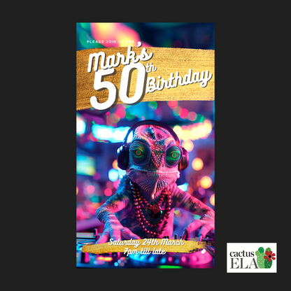 Digital 50th Birthday Party Video Invitation, Animated DJ Chameleon at a Party, Editable Itinerary eCard